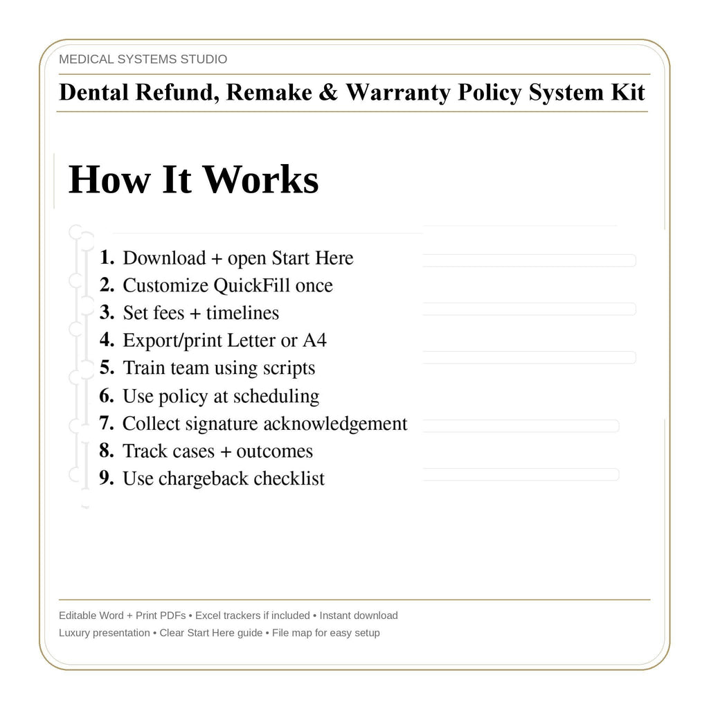 Dental Refund Policy System, Remake Warranty, Chargeback Scripts Word/PDF/Tracker (Digital Download)