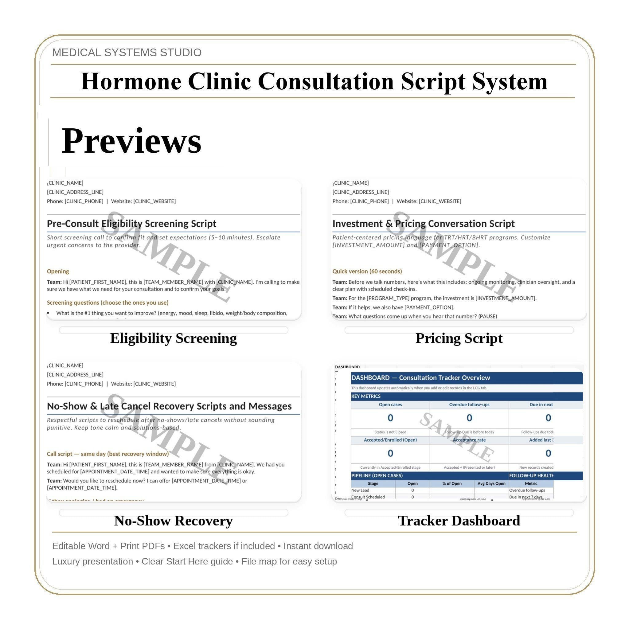 Hormone Clinic Consultation Script System | TRT HRT BHRT | Booking, Lab, Objection, Pricing, Follow-Up Tracker