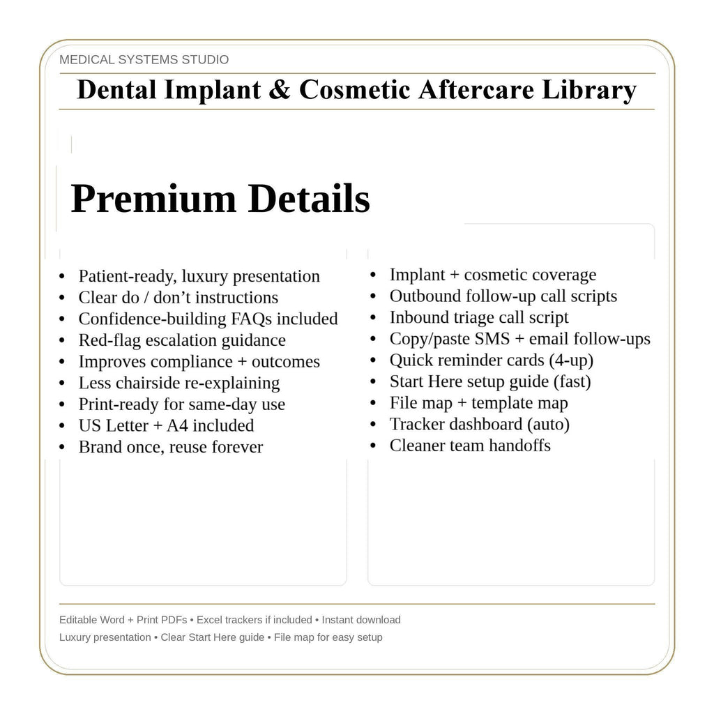 Dental Implant & Cosmetic Aftercare | Post Op Instruction Sheets (Print Packets)