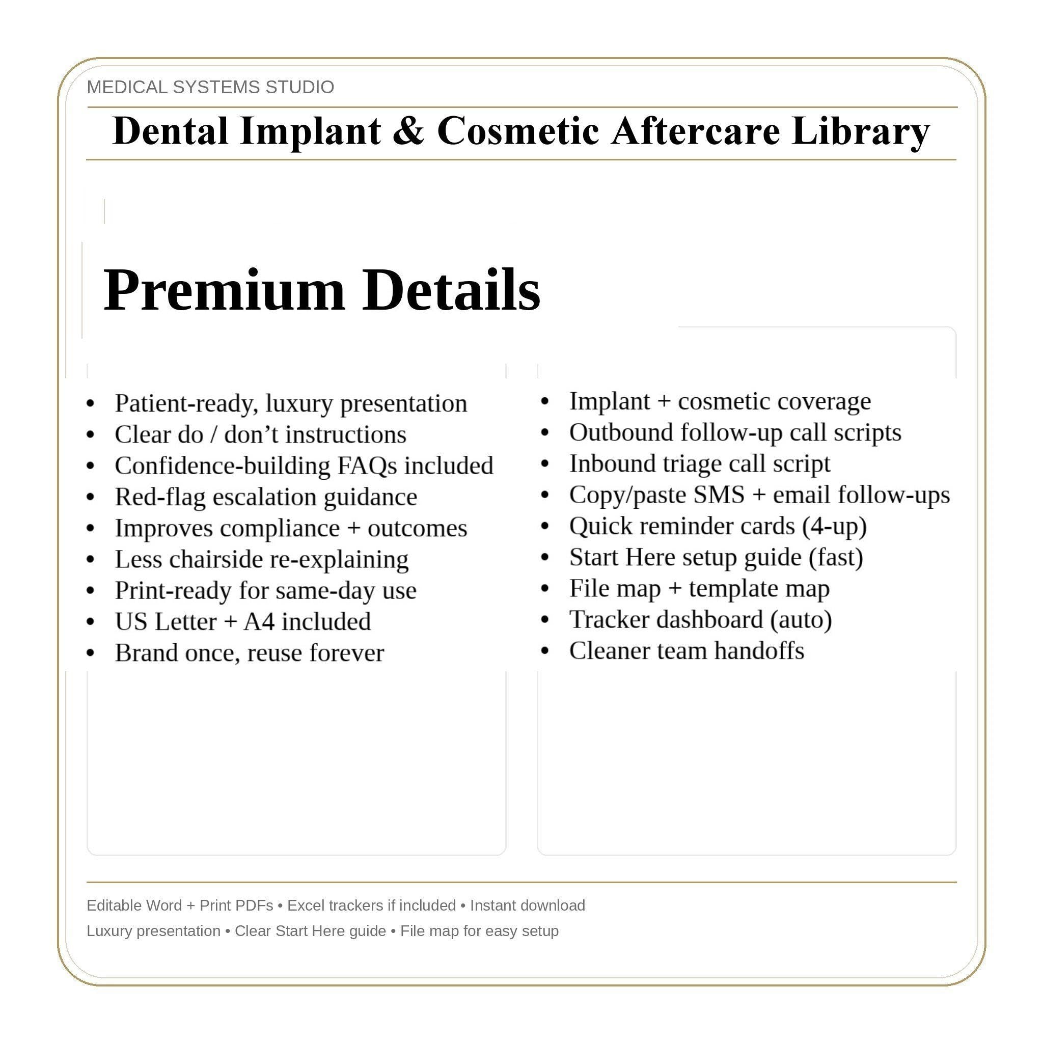 Dental Implant & Cosmetic Aftercare | Post Op Instruction Sheets (Print Packets)