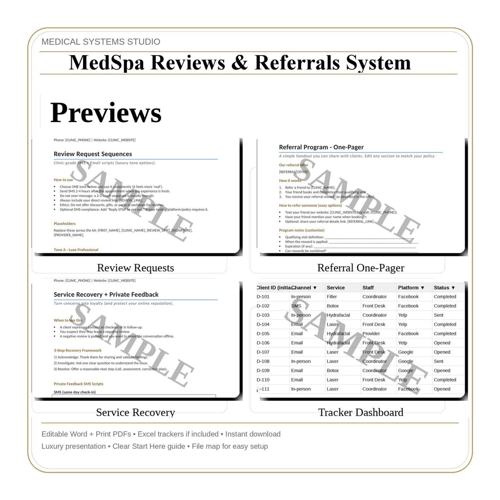 MedSpa Reviews & Referrals System | QR Code Signage, SMS Scripts (Word, PDF, Excel) (Digital Download)