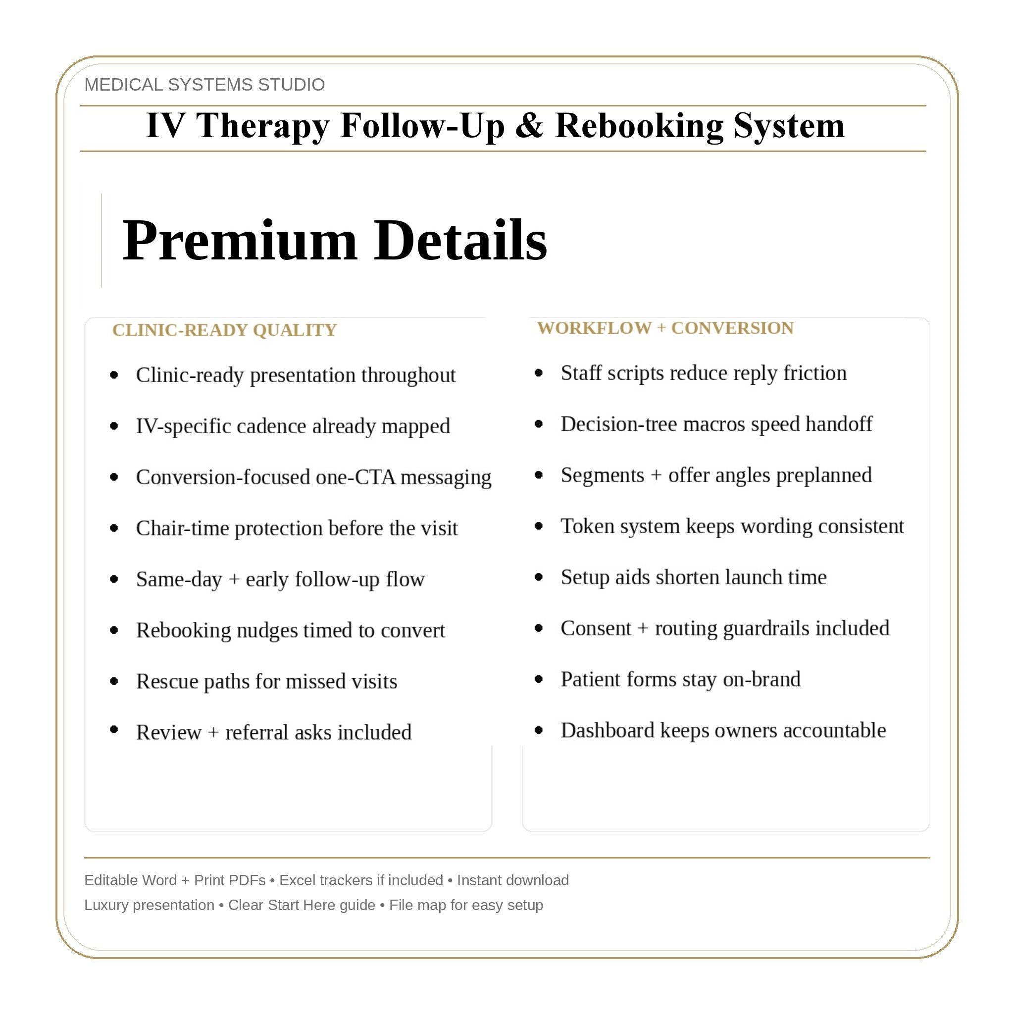 IV Therapy Follow-Up & Rebooking System | SMS/Email Sequences, Cadence Map, Retention (Word/PDF/Excel)