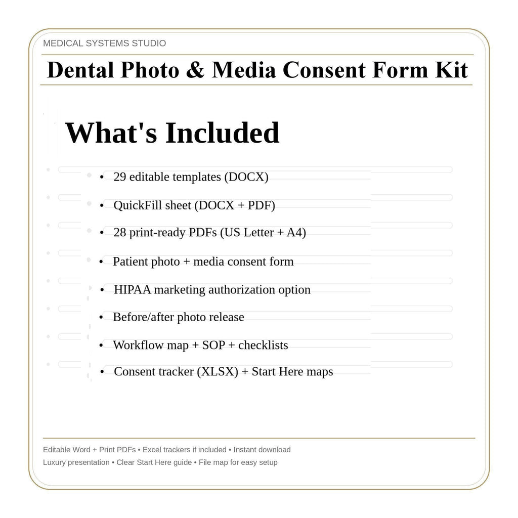 Dental Photo & Media Consent Form Kit | HIPAA, Consent Tracker, SOP (Digital Download)