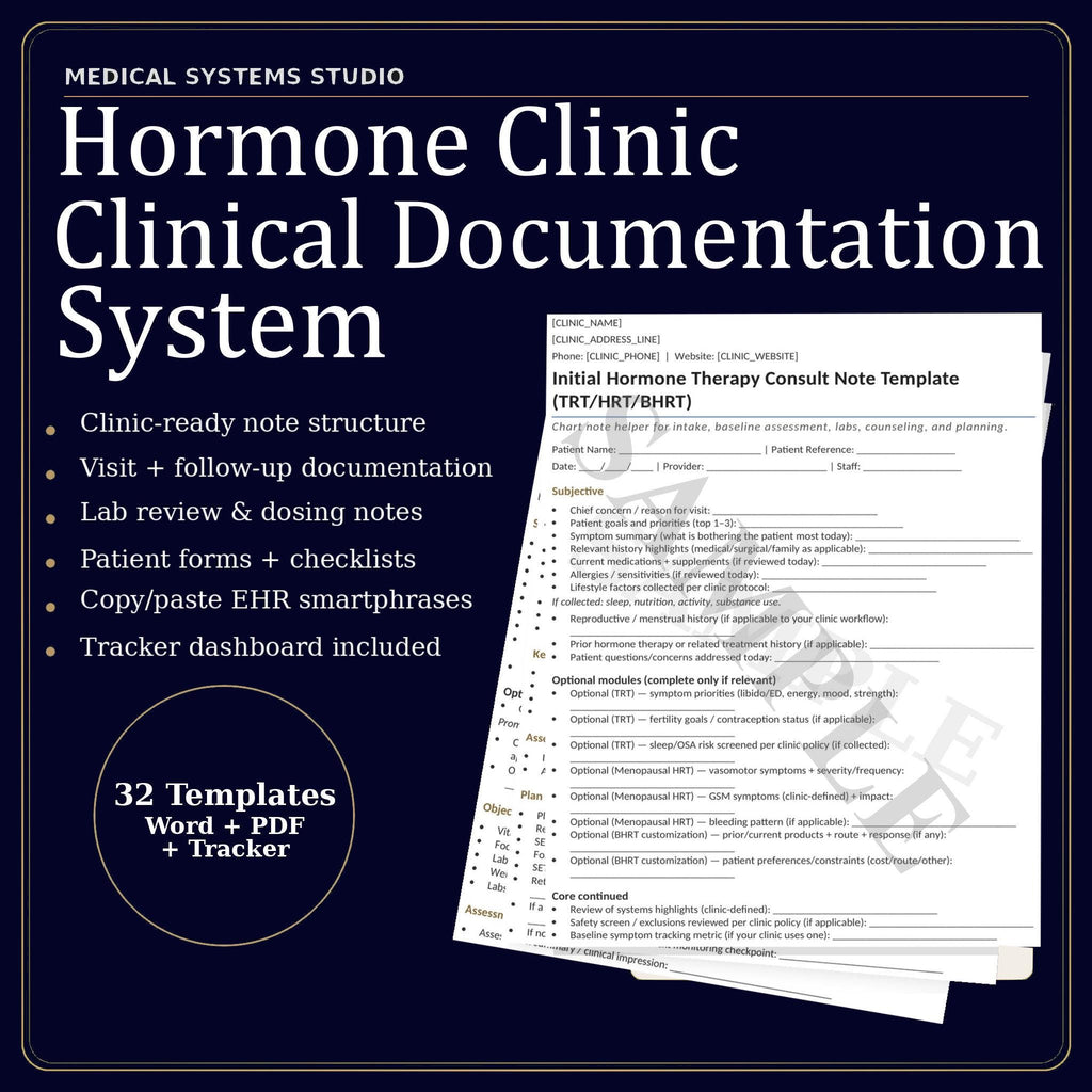 Hormone Clinic Documentation System | TRT HRT BHRT Soap Notes (Digital Download)