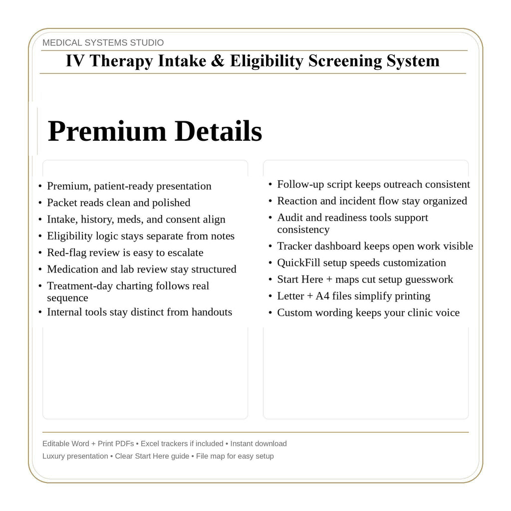 IV Therapy Intake & Eligibility Screening System | Clinic Forms Word/PDF/Tracker (Digital Download)
