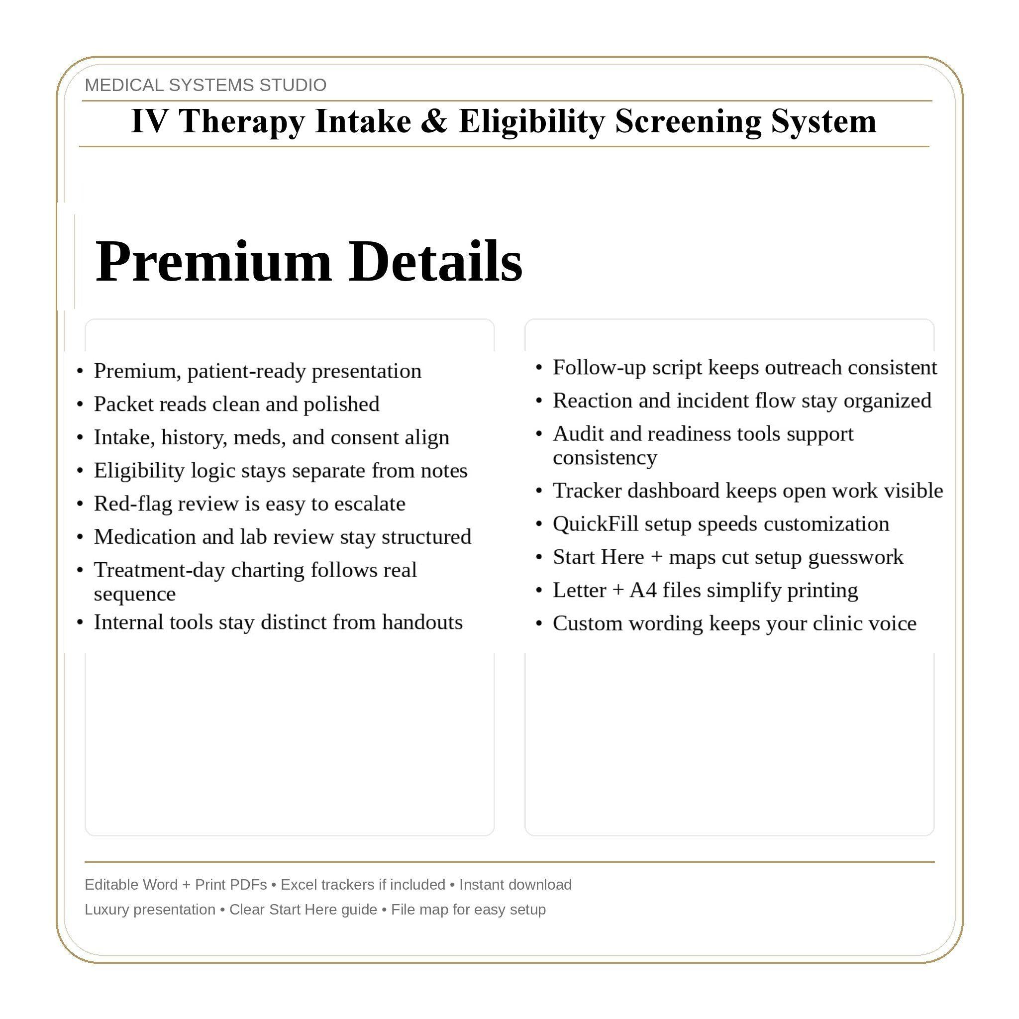 IV Therapy Intake & Eligibility Screening System | Clinic Forms Word/PDF/Tracker (Digital Download)