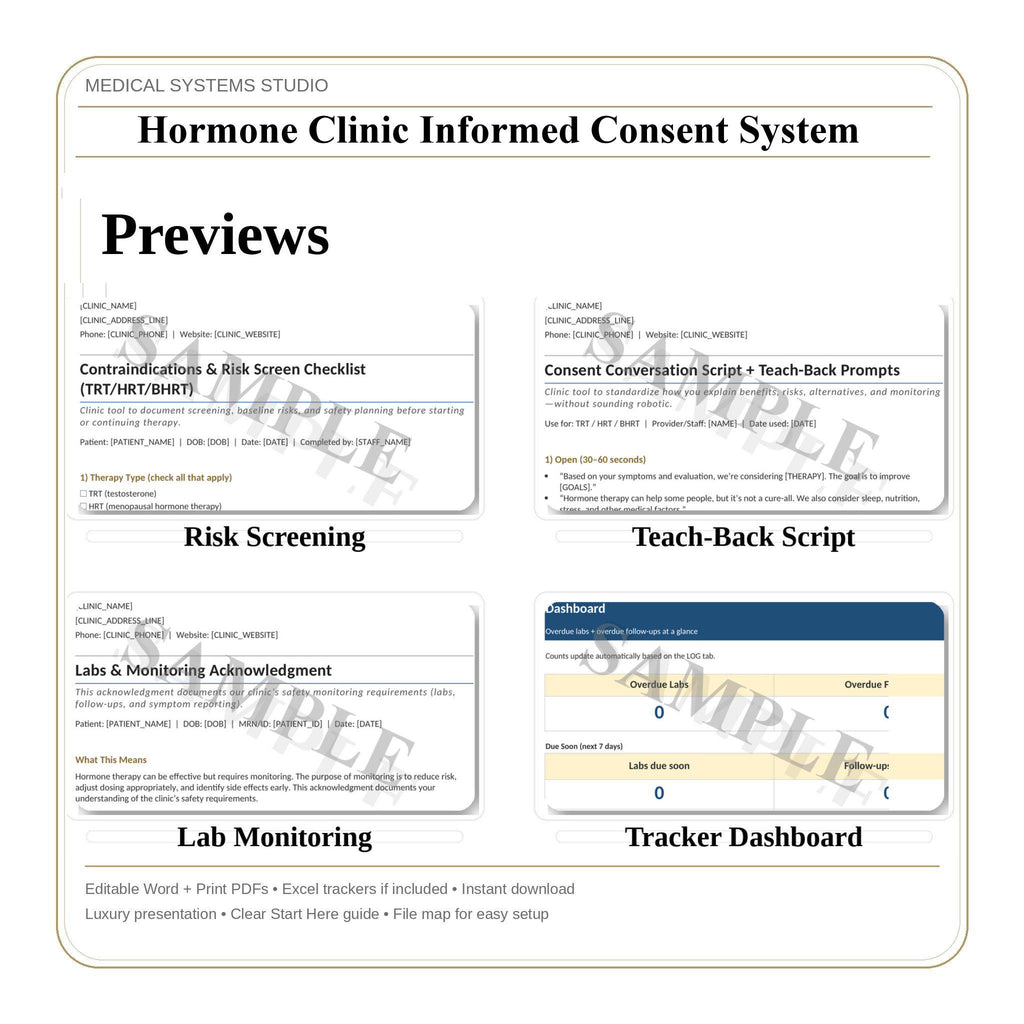Hormone Clinic Informed Consent System | TRT, HRT, BHRT Forms. Word/PDF/Tracker (Digital Download)
