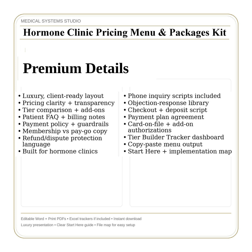Hormone Clinic Pricing Menu & Packages Kit | TRT HRT BHRT Tier Builder (Digital Download)