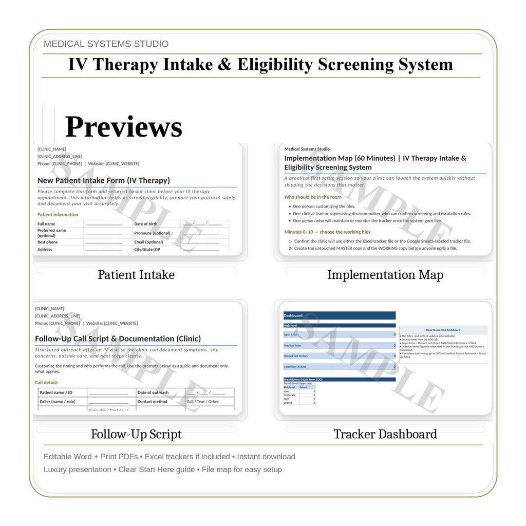 IV Therapy Intake & Eligibility Screening System | Clinic Forms Word/PDF/Tracker (Digital Download)