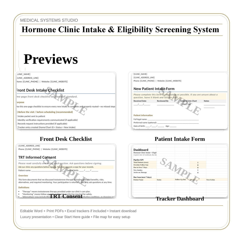 Hormone Clinic Intake & Eligibility Screening System | TRT HRT BHRT Forms, Contraindications, Labs, Consents, Tracker