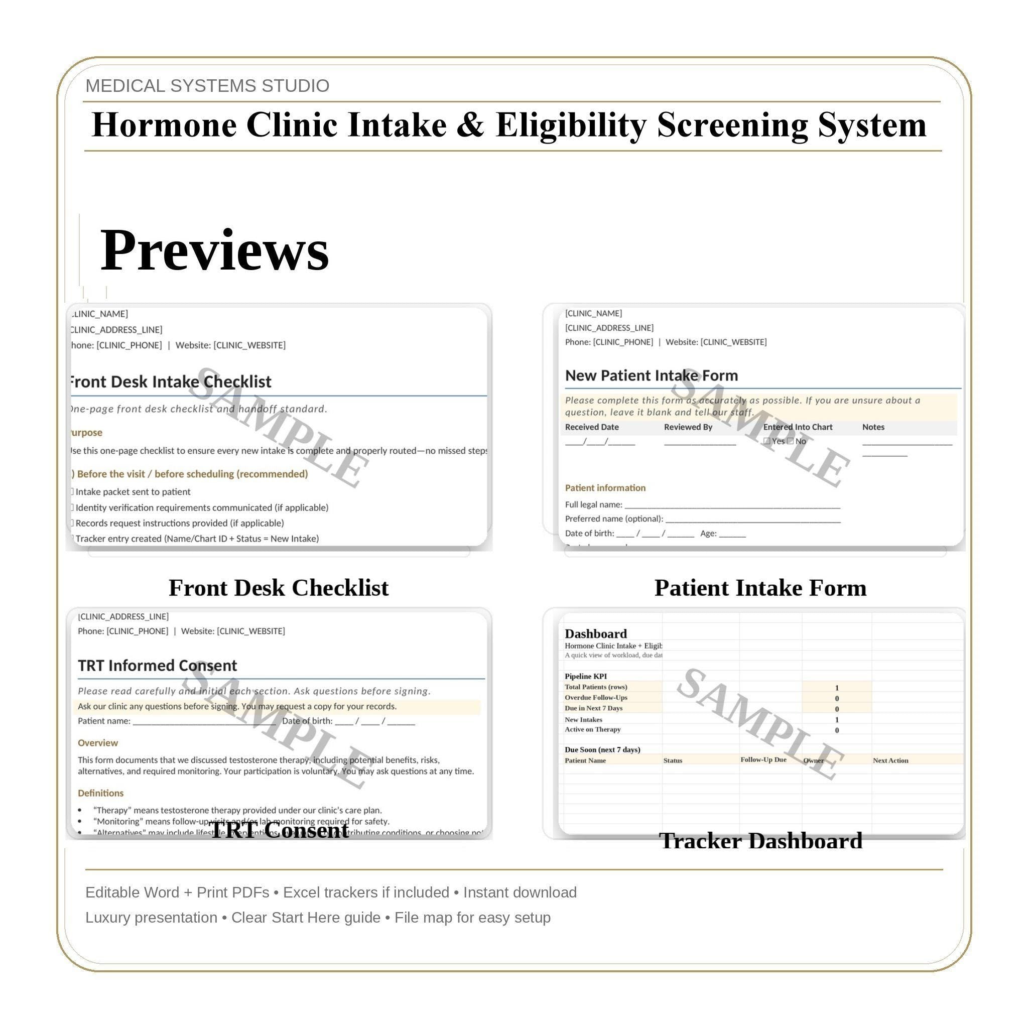 Hormone Clinic Intake & Eligibility Screening System | TRT HRT BHRT Forms, Contraindications, Labs, Consents, Tracker