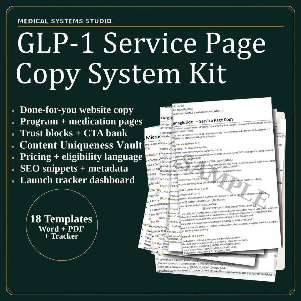 GLP-1 Service Page Copy Kit | Semaglutide & Tirzepatide Website Copy | Medical Weight Loss Pages, SEO Meta, FAQ Schema, Uniqueness Vault