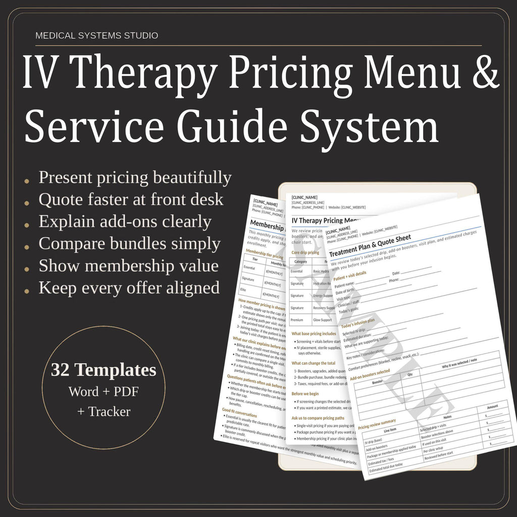 IV Therapy Pricing Menu & Service Guide System | Hydration Clinic Quote Calculator, Pricing (Digital Download)