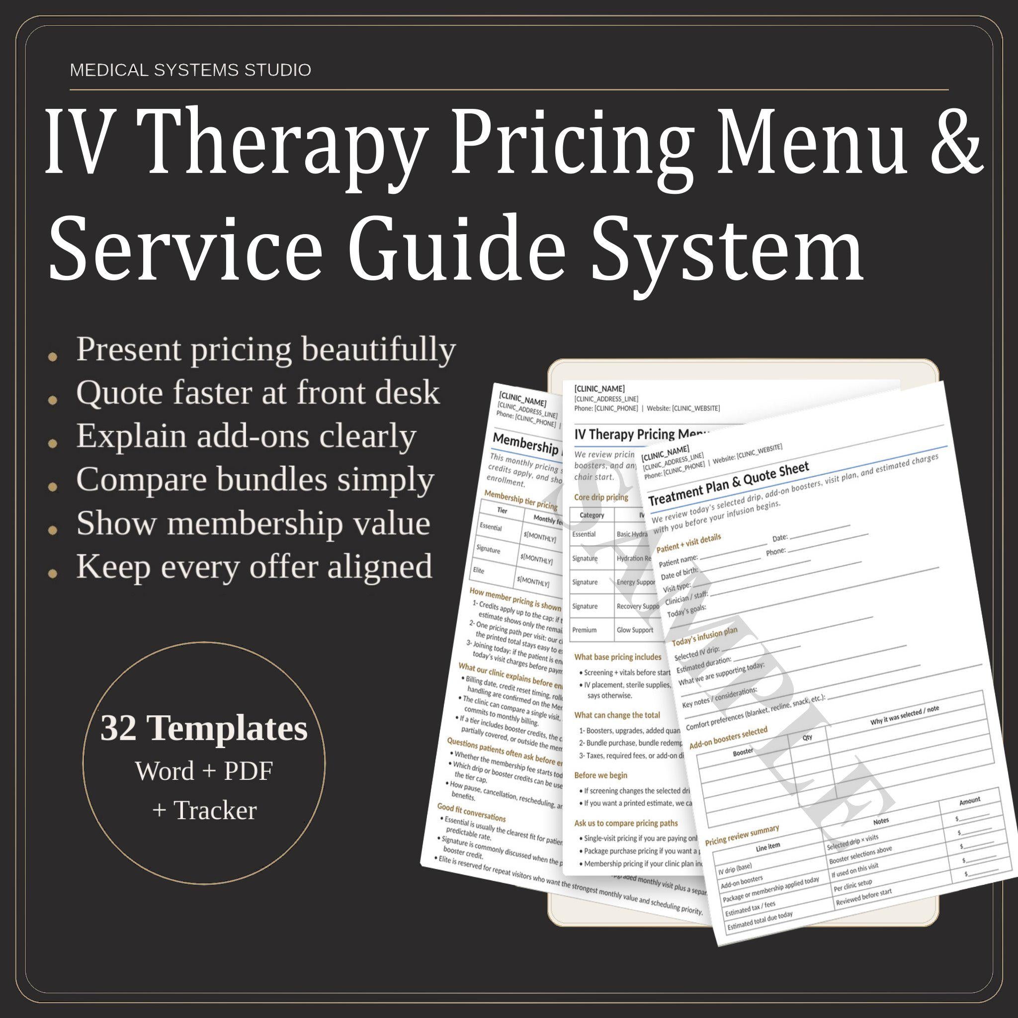 IV Therapy Pricing Menu & Service Guide System | Hydration Clinic Quote Calculator, Pricing (Digital Download)