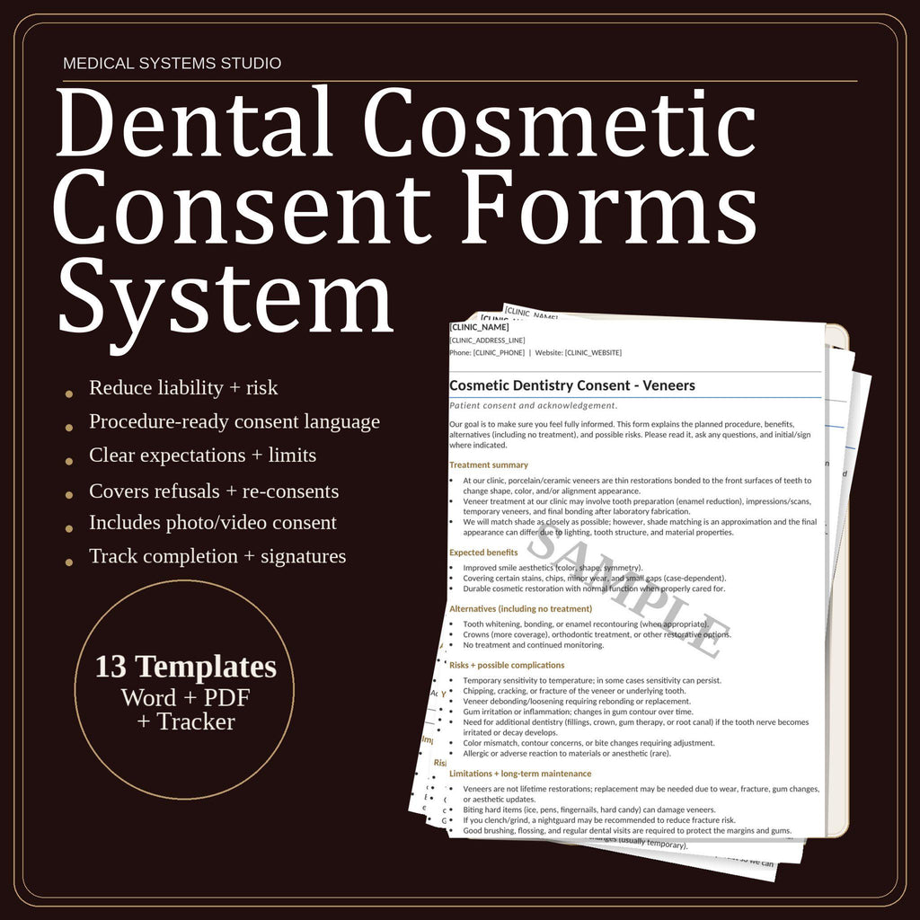 Dental Cosmetic Consent Forms System | Veneers, Crowns, Bonding, Whitening, Aligner | Word/PDF/Tracker (Download)