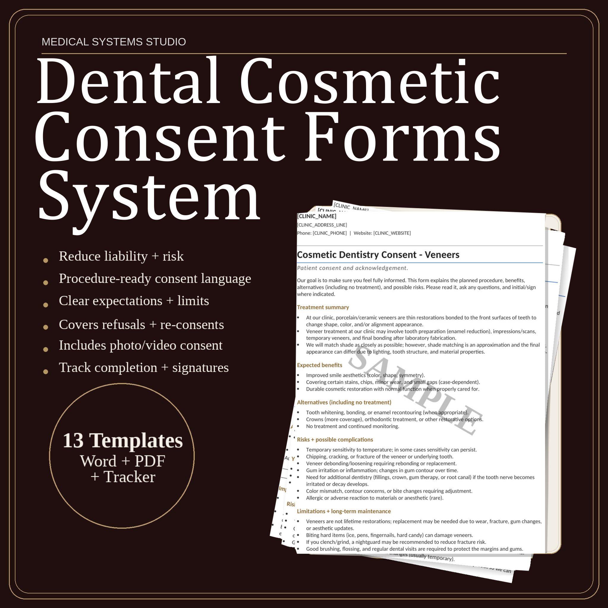 Dental Cosmetic Consent Forms System | Veneers, Crowns, Bonding, Whitening, Aligner | Word/PDF/Tracker (Download)