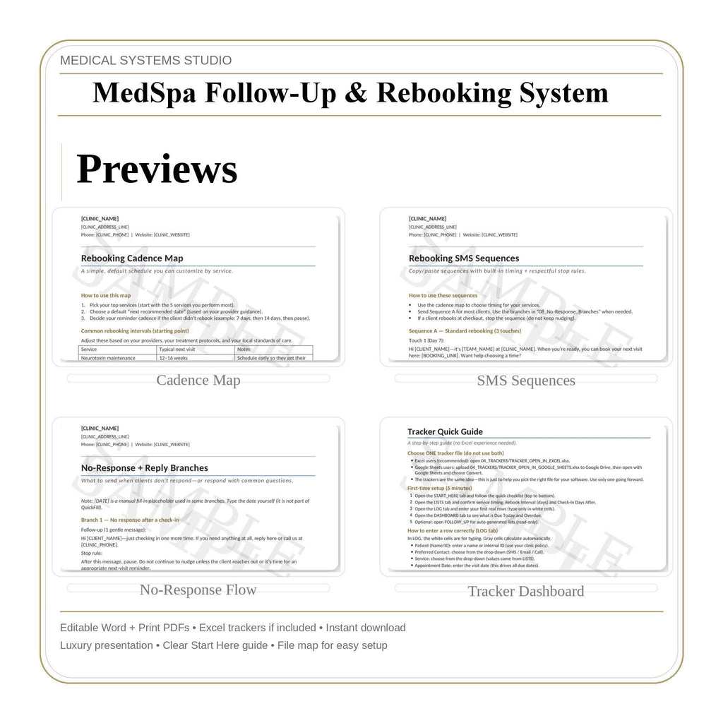MedSpa Follow-Up and Rebooking Patient Retention System | SMS & Email Templates (Word/PDF/XLSX)