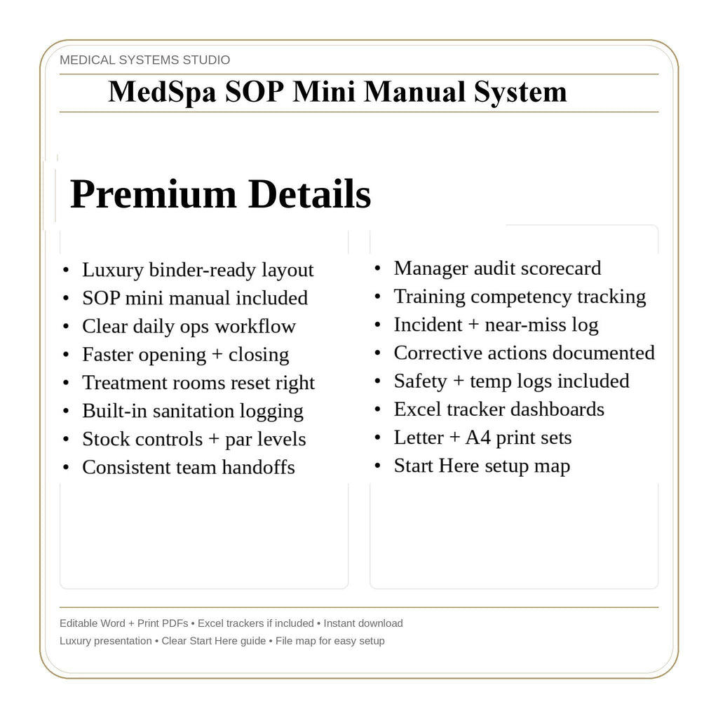 MedSpa SOP Manual | Clinic Checklists, Sanitation Logs (Digital Download)