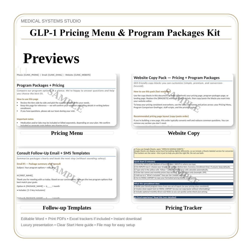 GLP-1 Pricing Menu & Program Packages Kit | Semaglutide/Tirzepatide Program Pricing Guide | Tier Builder, Cost Scripts, Estimator Tracker
