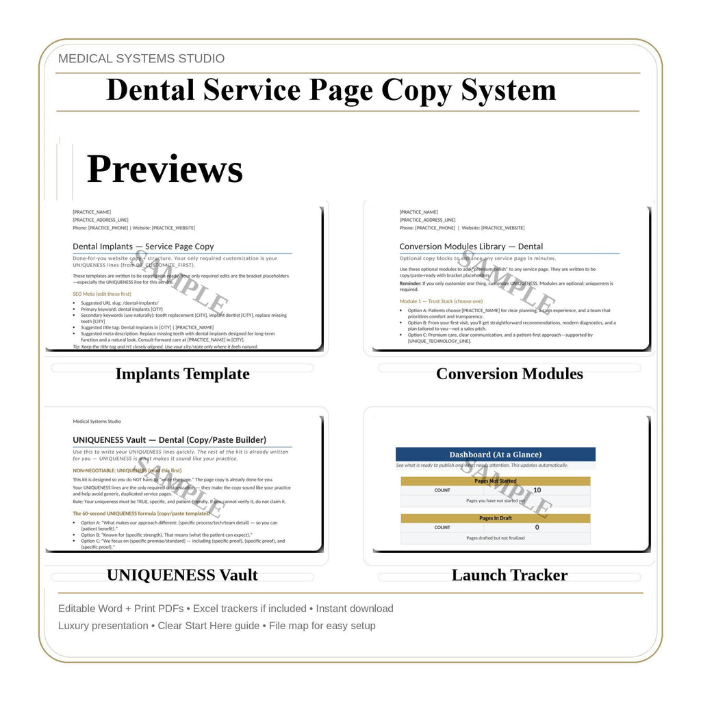 Dental Service Page Copy System | Website SEO Content (Word, PDF, xlsx)