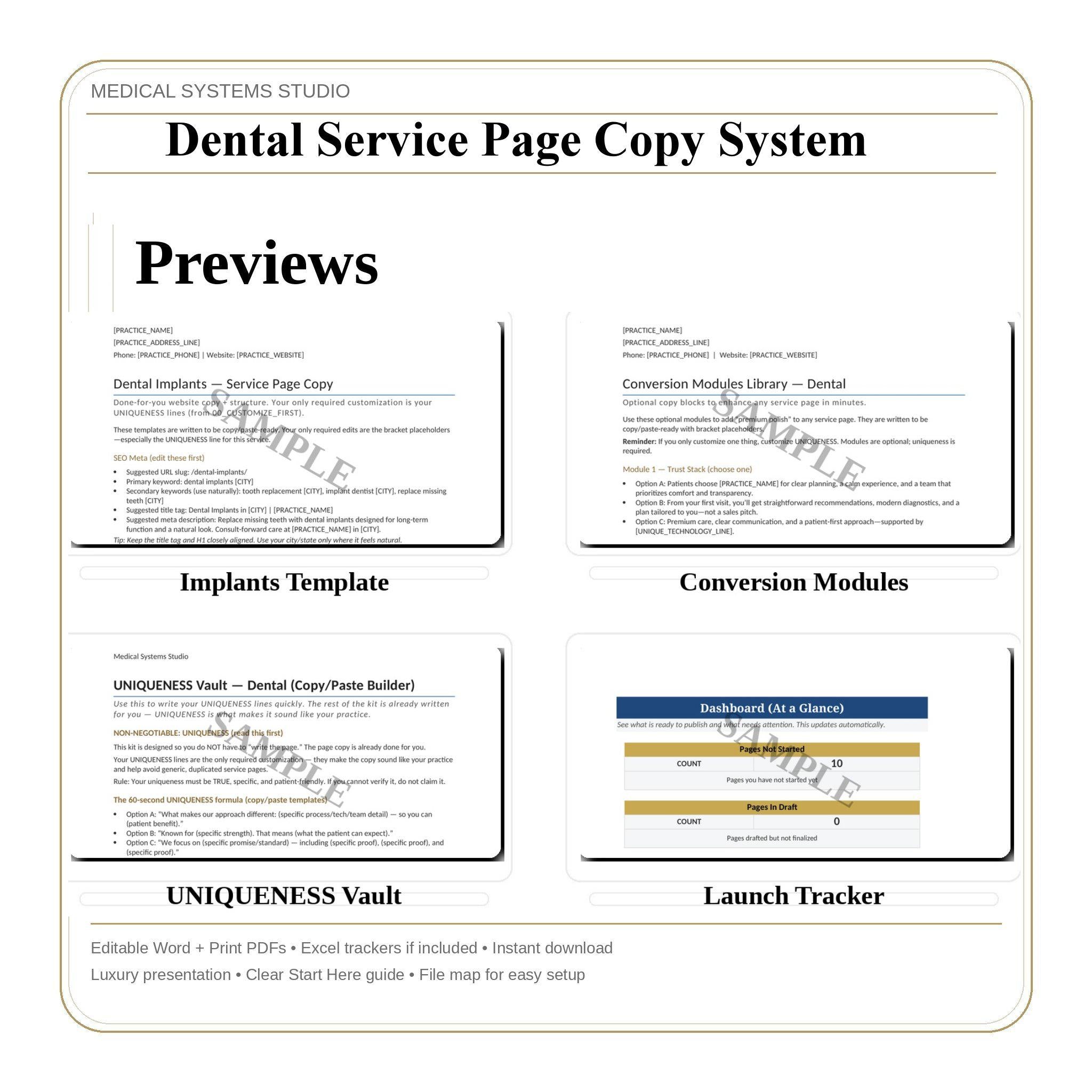 Dental Service Page Copy System | Website SEO Content (Word, PDF, xlsx)