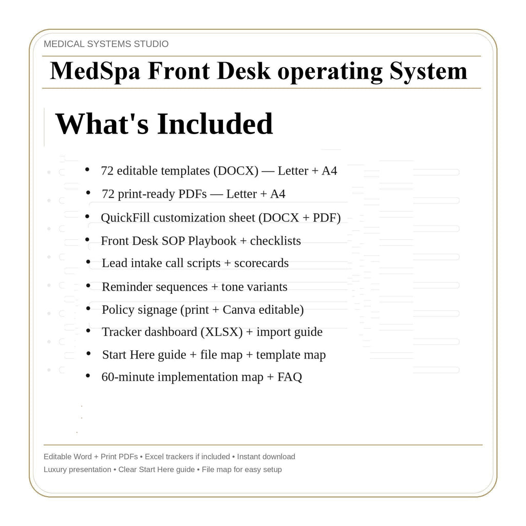 MedSpa Front Desk Operating System | SOP, Scripts, & Excel Trackers (Digital Download)