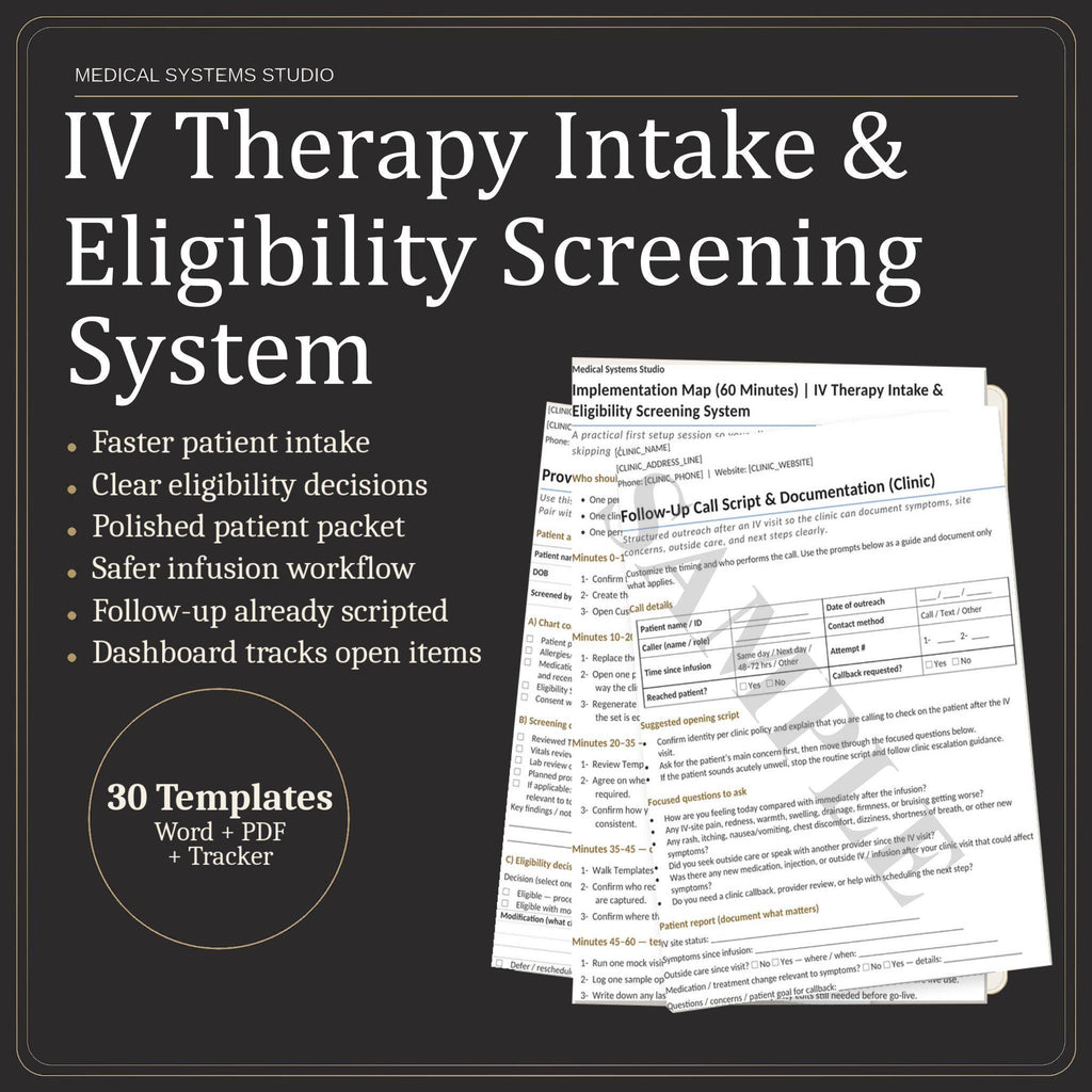 IV Therapy Intake & Eligibility Screening System | Clinic Forms Word/PDF/Tracker (Digital Download)