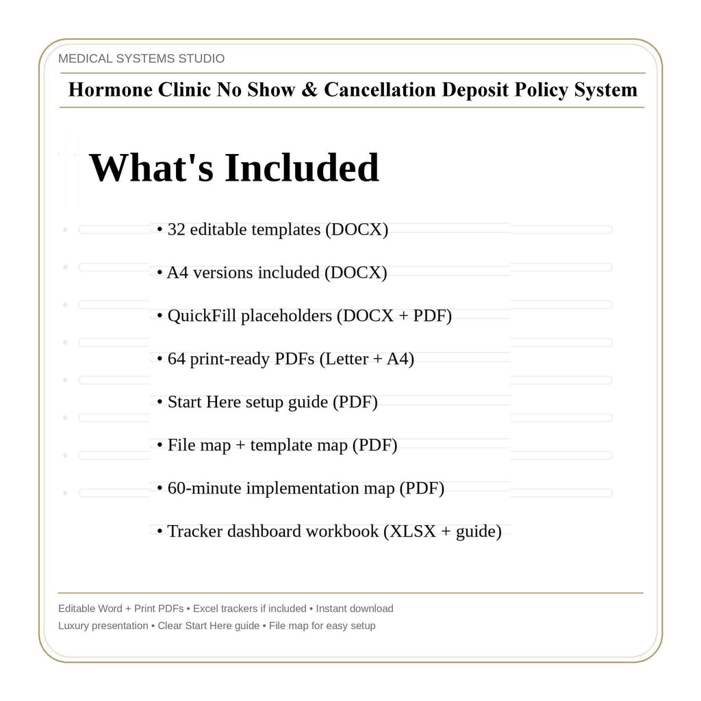 Hormone Clinic No-Show & Cancellation Deposit Policy System | TRT HRT BHRT (Digital Download)