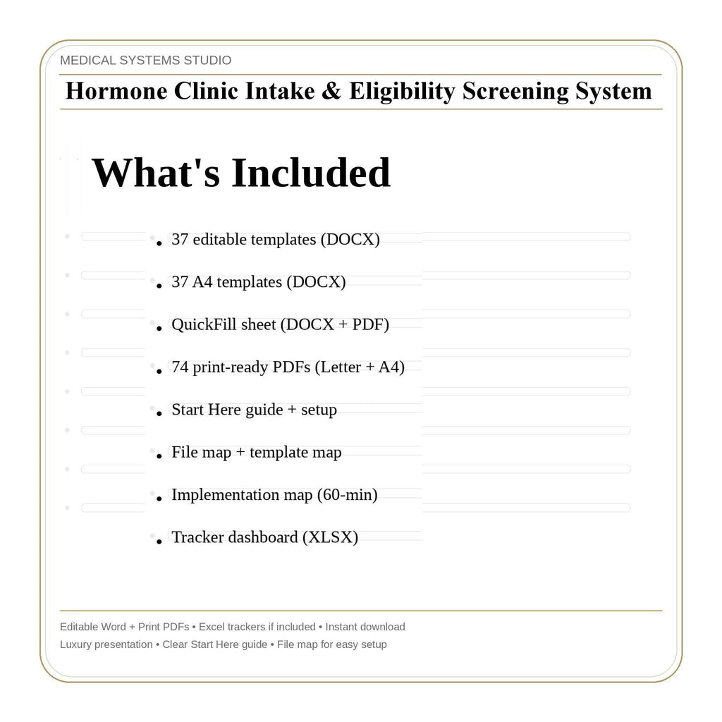 Hormone Clinic Intake & Eligibility Screening System | TRT HRT BHRT Forms, Contraindications, Labs, Consents, Tracker