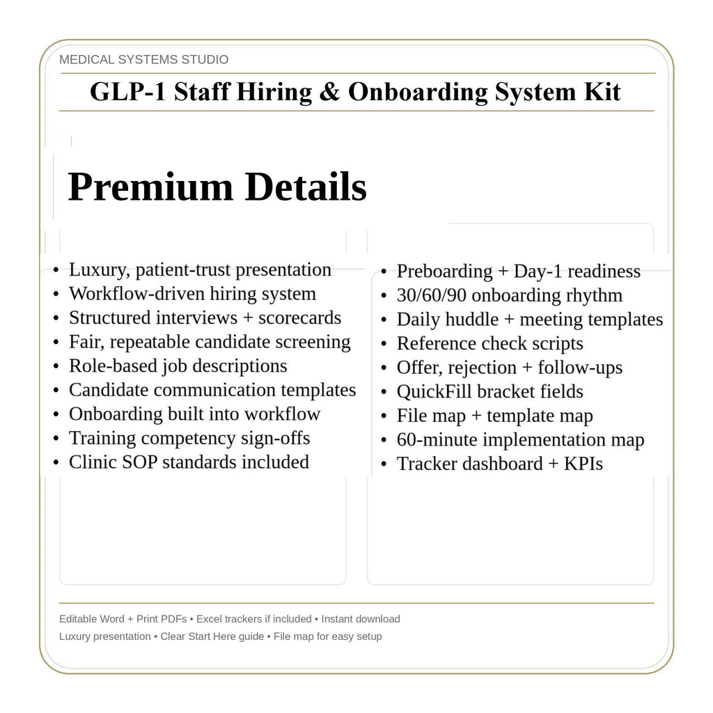 GLP-1 Staff Hiring & Onboarding System Kit | Job descriptions, Interview, Training (Word, PDF, Tracker)