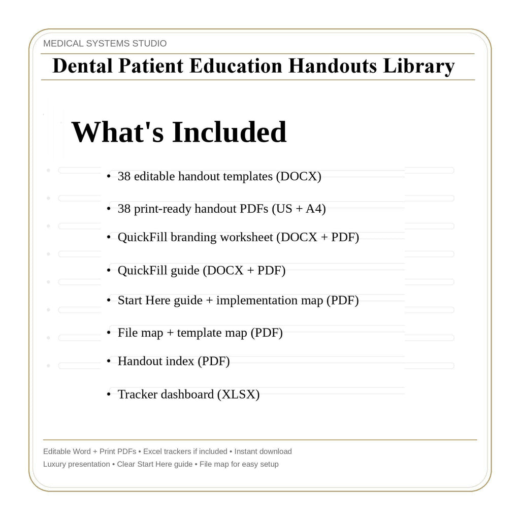 Dental Patient Education Handouts Library | Implant Aftercare, Veneers & Whitening | FAQs + Prep Checklist + Timeline | Tracker