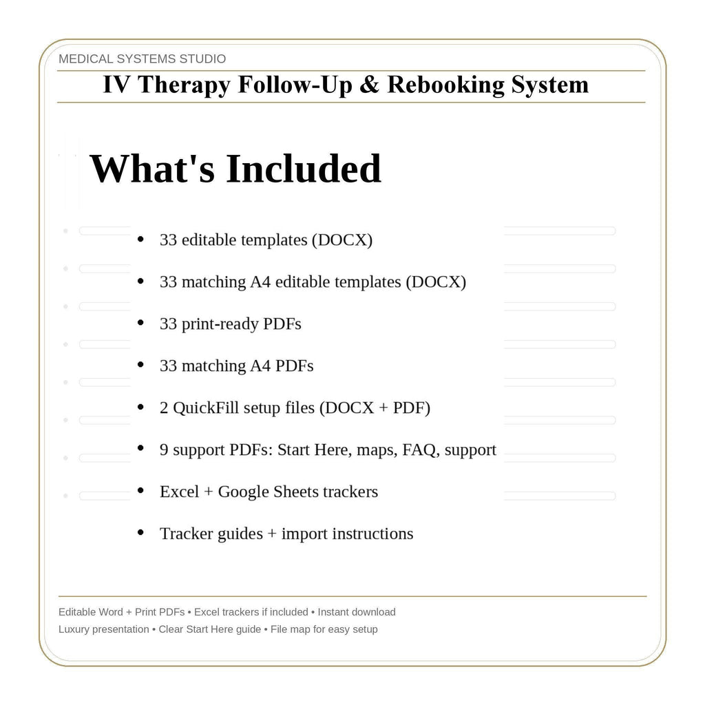 IV Therapy Follow-Up & Rebooking System | SMS/Email Sequences, Cadence Map, Retention (Word/PDF/Excel)