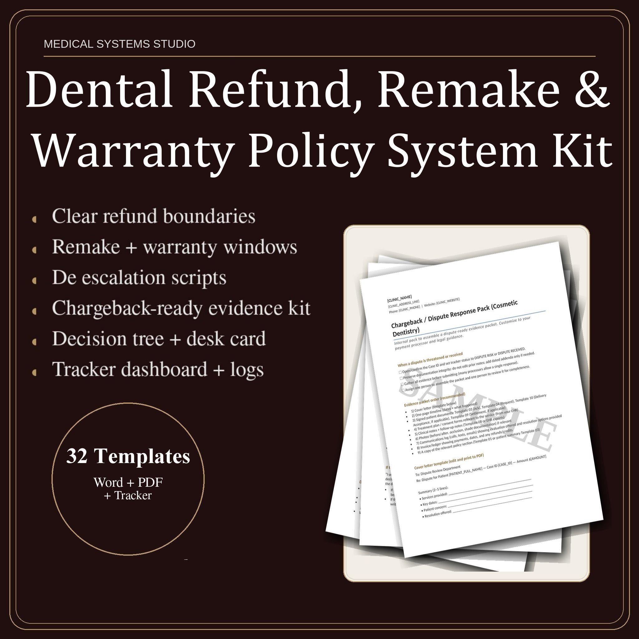 Dental Refund Policy System, Remake Warranty, Chargeback Scripts Word/PDF/Tracker (Digital Download)