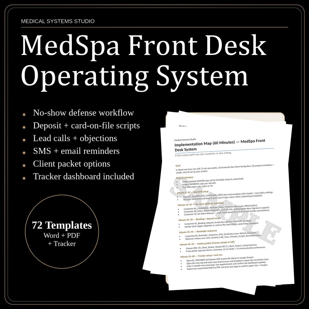 MedSpa Front Desk Operating System | SOP, Scripts, & Excel Trackers (Digital Download)