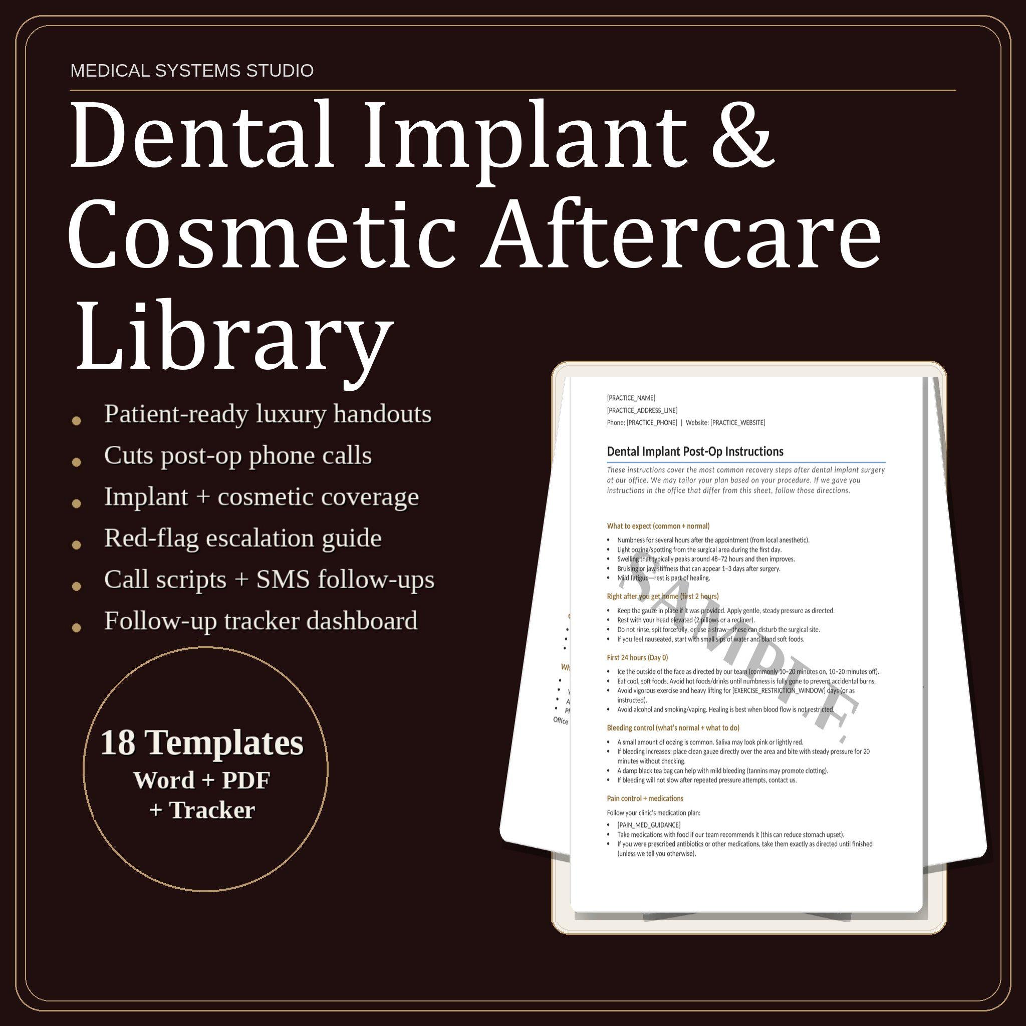 Dental Implant & Cosmetic Aftercare | Post Op Instruction Sheets (Print Packets)