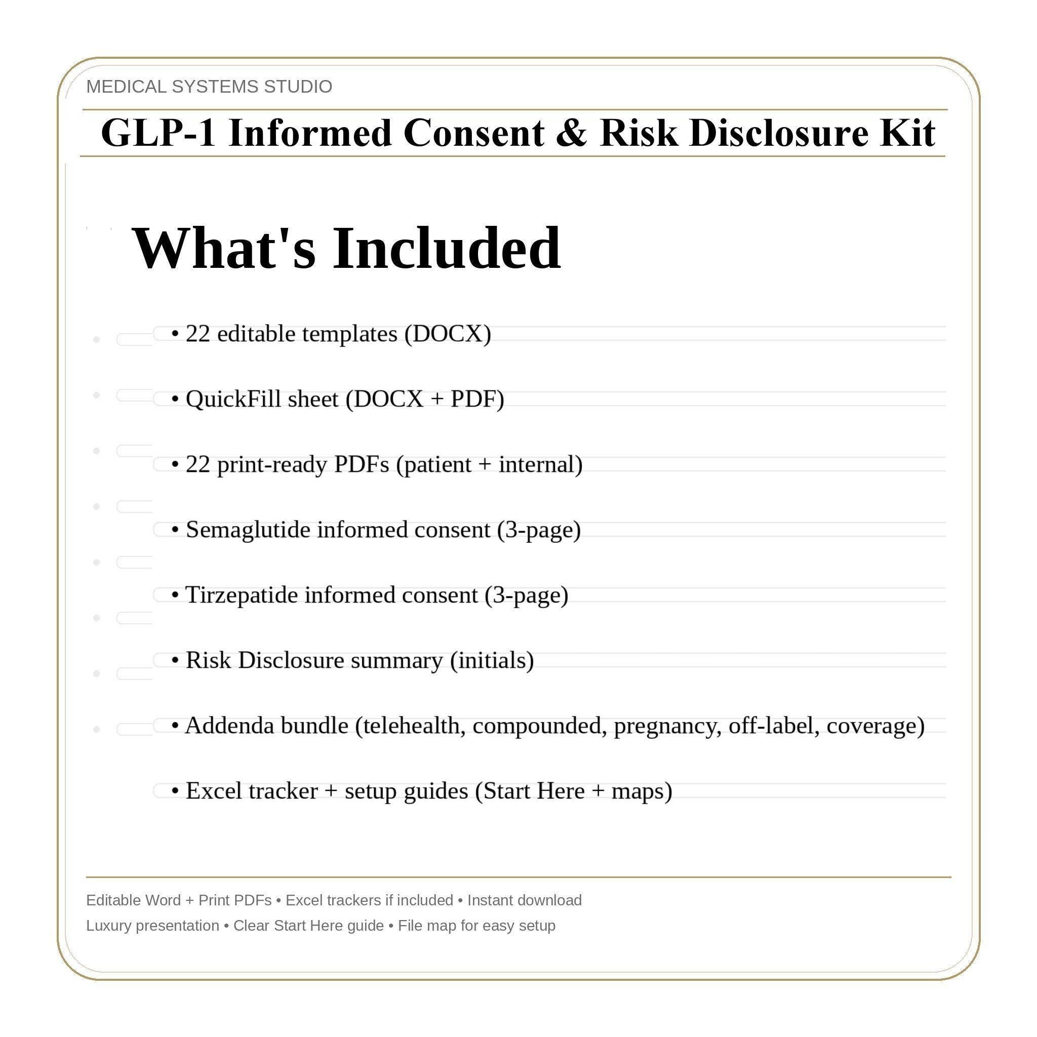 GLP-1 Informed Consent & Risk Disclosure Kit | Semaglutide, Tirzepatide | Compounded/Telehealth Addendums, Off Label, Triage, Tracker