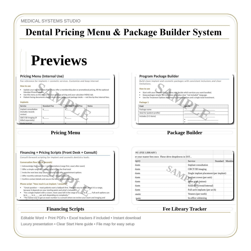 Dental Pricing Menu & Package Builder | Cosmetic Implant Fee System (Digital Download)
