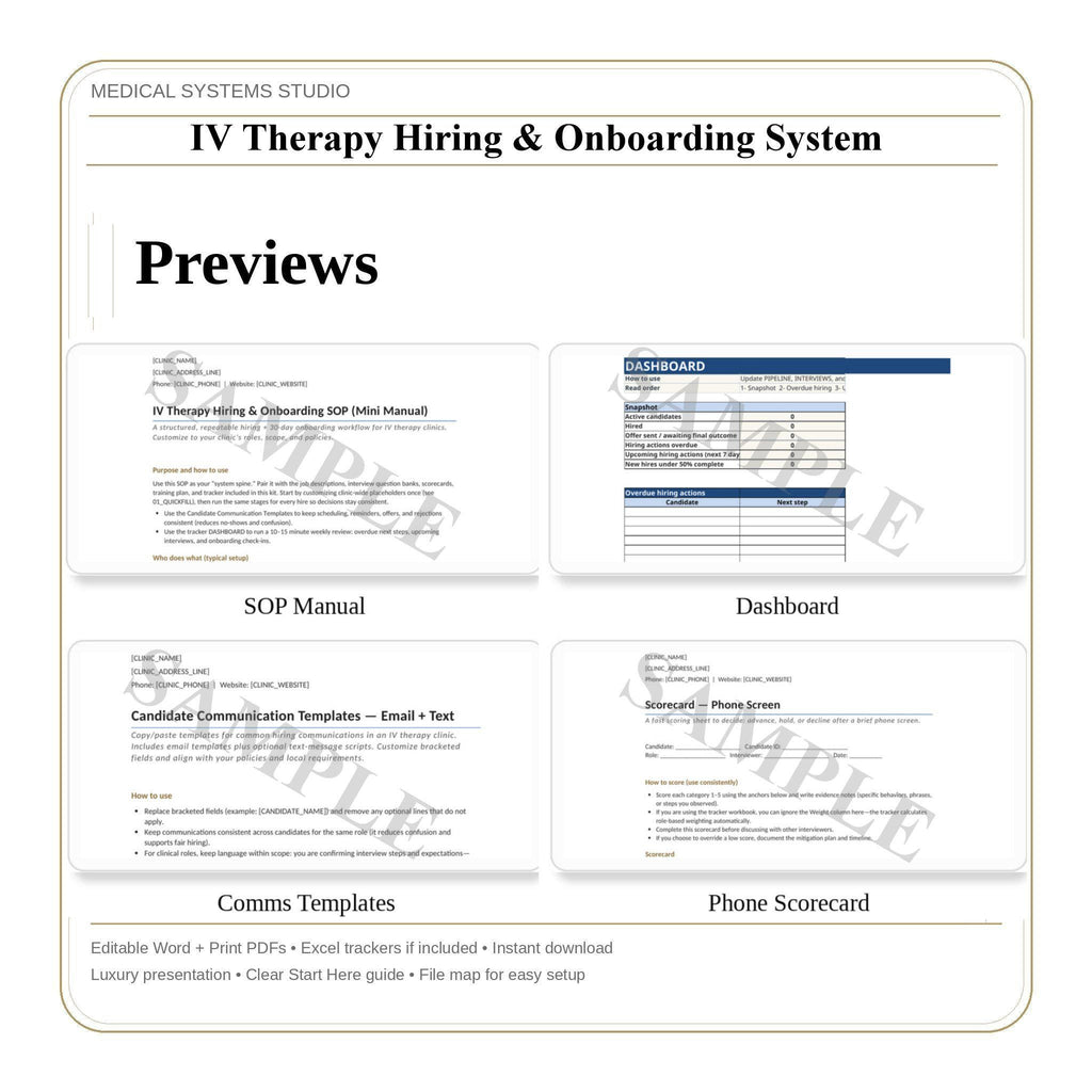 IV Therapy Hiring & Onboarding System | Job Descriptions + Interview Questions + Scorecards + 30-Day Training Plan + Tracker