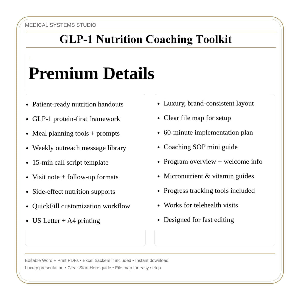GLP-1 Nutrition Coaching Toolkit | Semaglutide & Tirzepatide Handouts | Protein Targets + Hydration + GI Comfort | Scripts + Tracker
