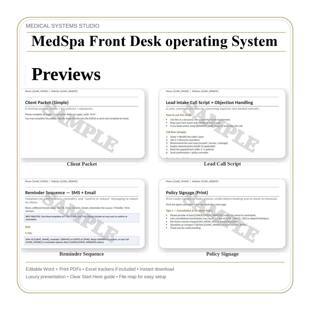 MedSpa Front Desk Operating System | SOP, Scripts, & Excel Trackers (Digital Download)