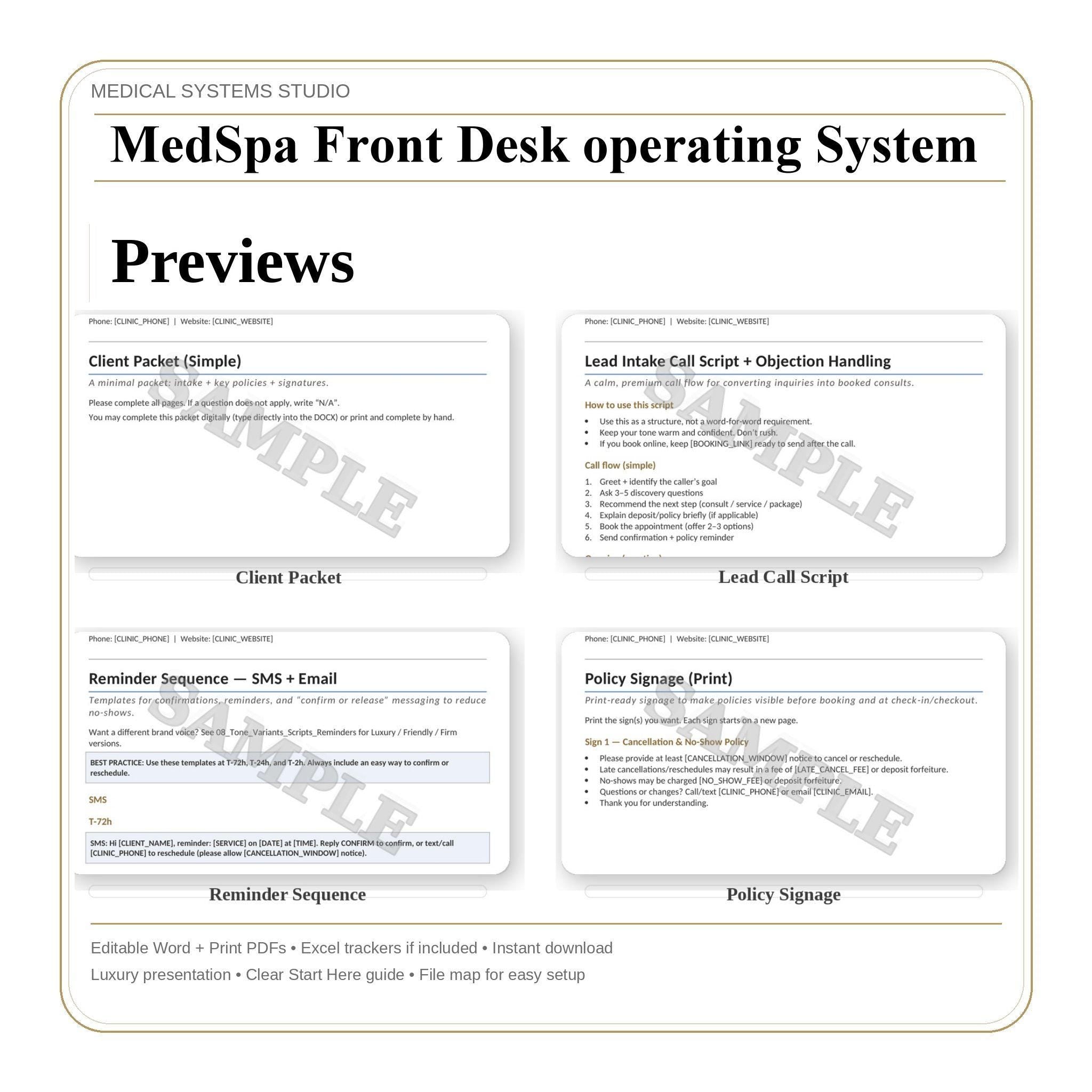 MedSpa Front Desk Operating System | SOP, Scripts, & Excel Trackers (Digital Download)