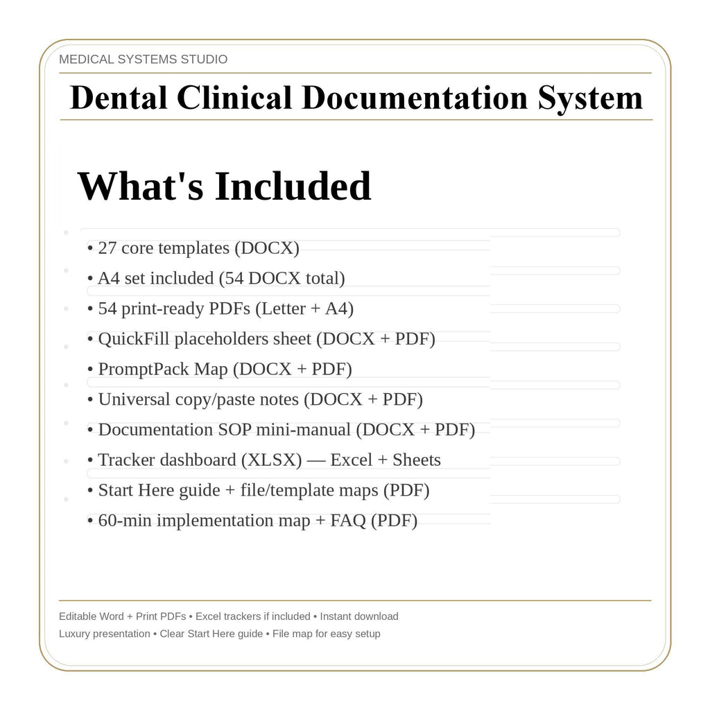 Dental Clinical Documentation System | Implant & Cosmetic Templates (Digital Download)