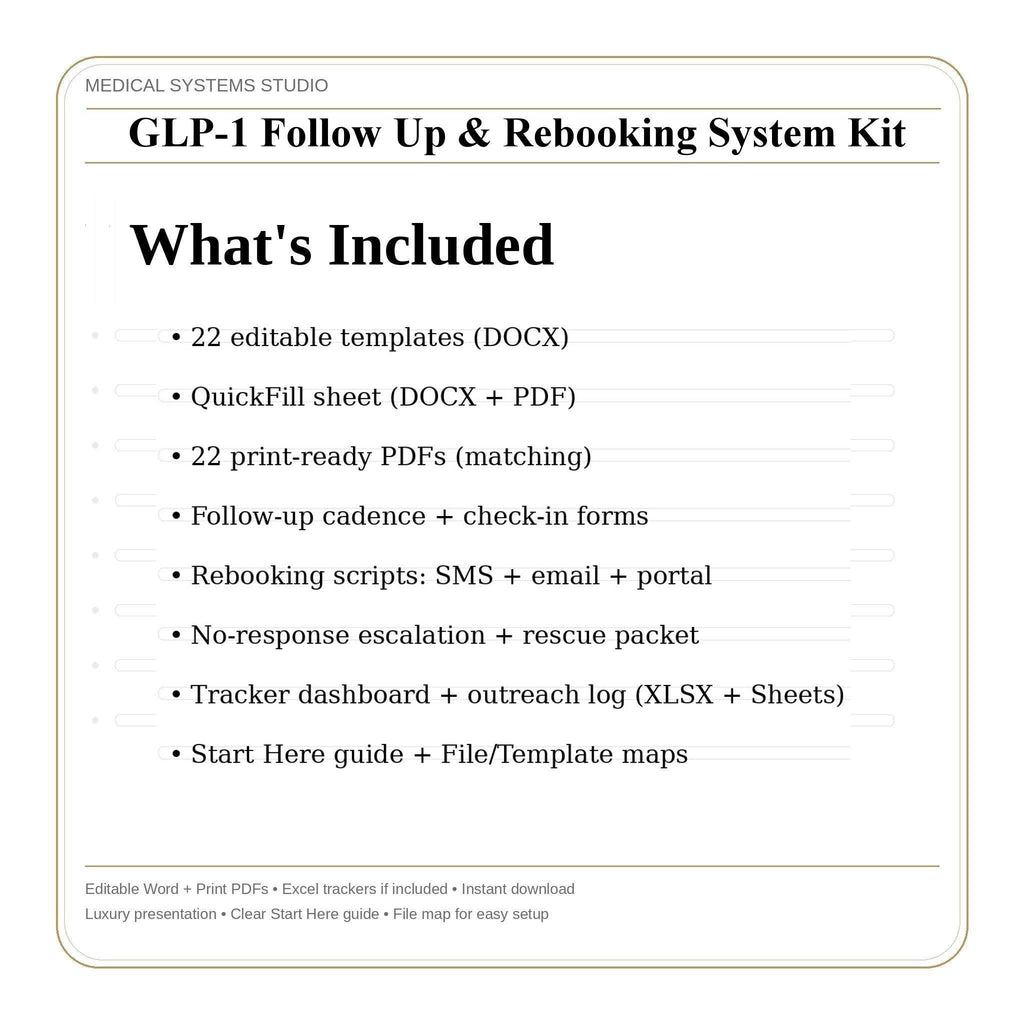 GLP-1 Follow-Up & Rebooking System Kit | Recall Cadence, No-Show Recovery, SMS/Email Scripts, Tracker