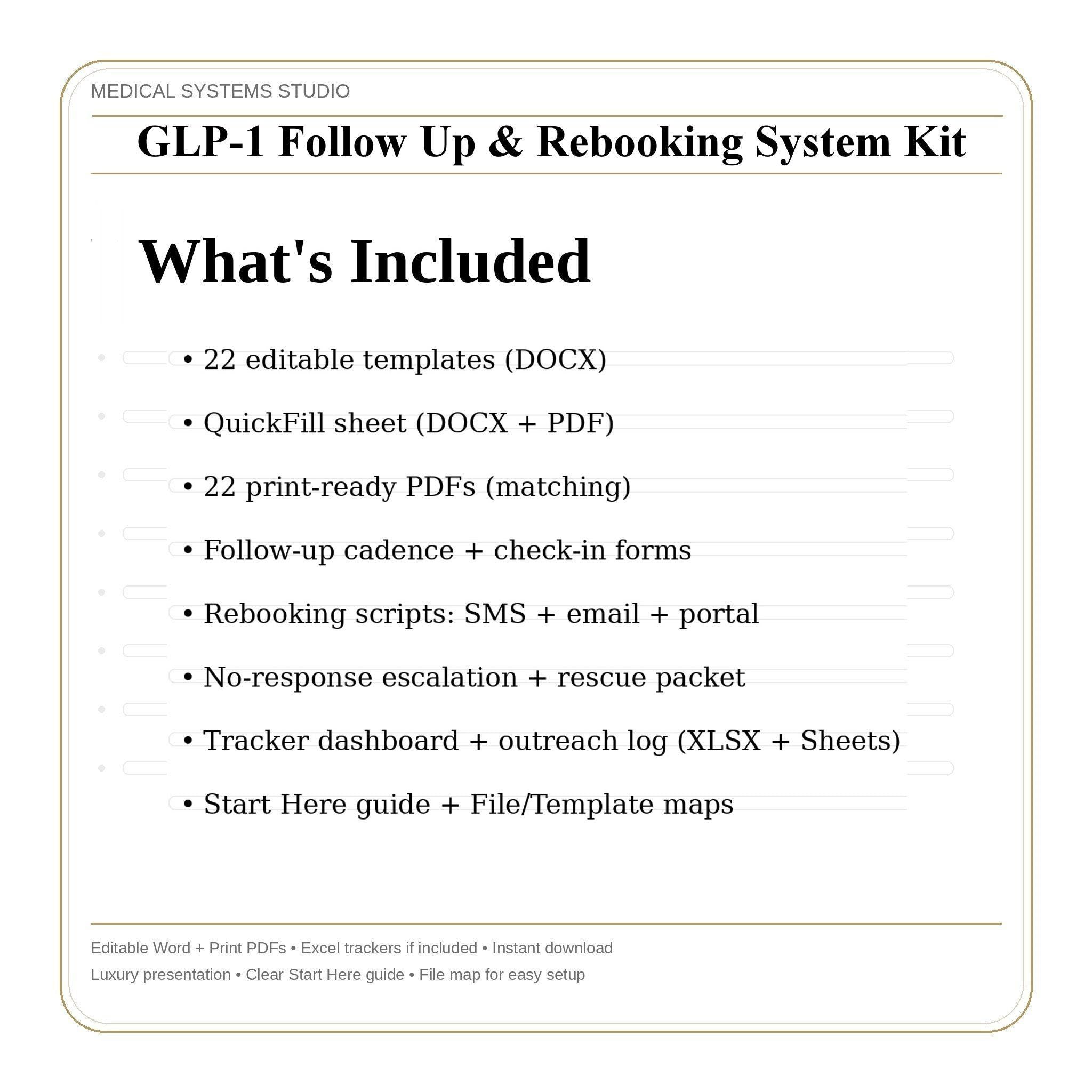 GLP-1 Follow-Up & Rebooking System Kit | Recall Cadence, No-Show Recovery, SMS/Email Scripts, Tracker