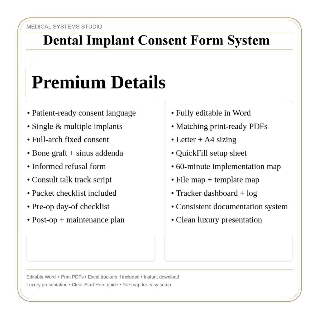 Dental Implant Consent Form System | Customizable Templates (DOCX, PDF, XLSX)