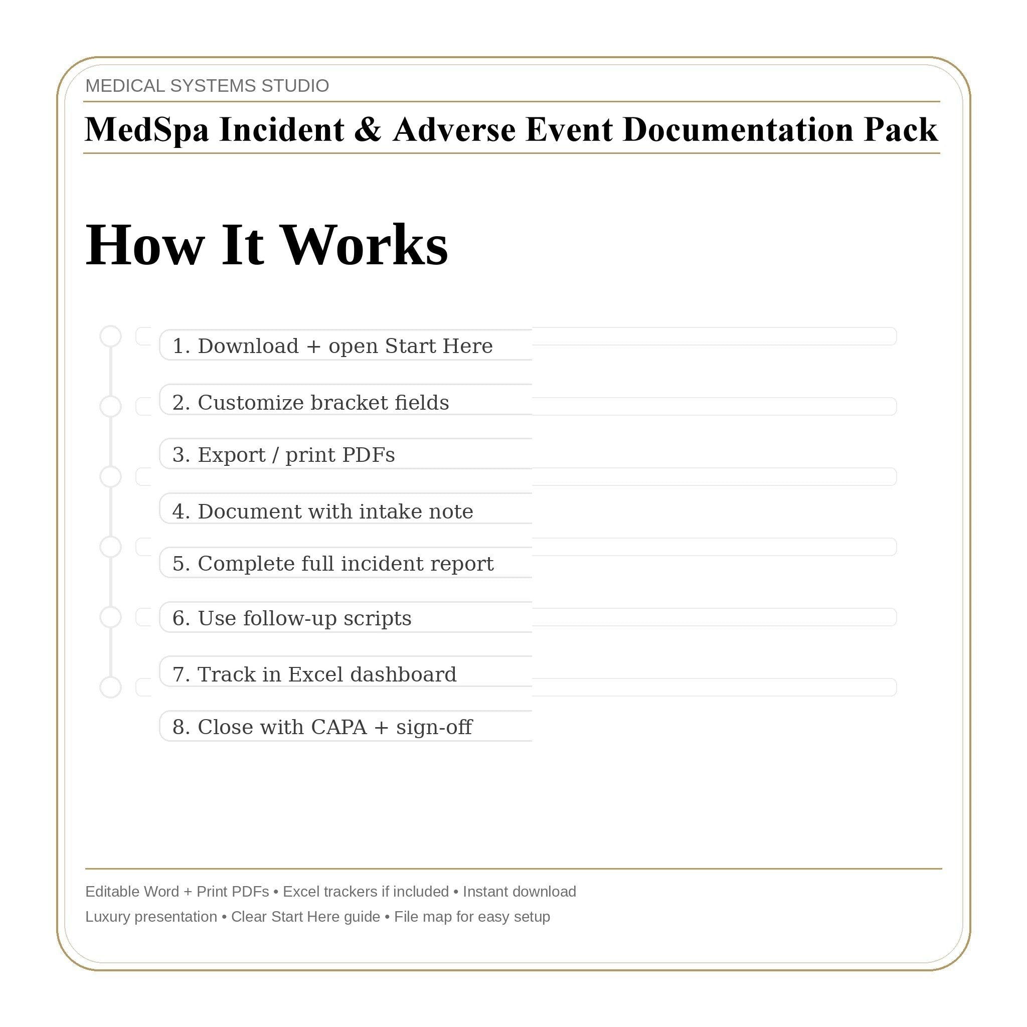 MedSpa Incident Documentation Pack | Report Forms, Follow-Up Scripts (Word/PDF/Excel)