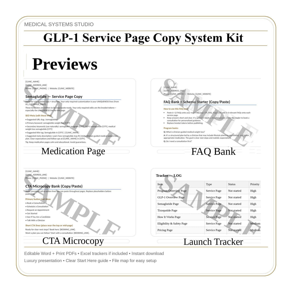 GLP-1 Service Page Copy Kit | Semaglutide & Tirzepatide Website Copy | Medical Weight Loss Pages, SEO Meta, FAQ Schema, Uniqueness Vault