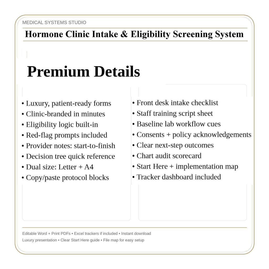 Hormone Clinic Intake & Eligibility Screening System | TRT HRT BHRT Forms, Contraindications, Labs, Consents, Tracker