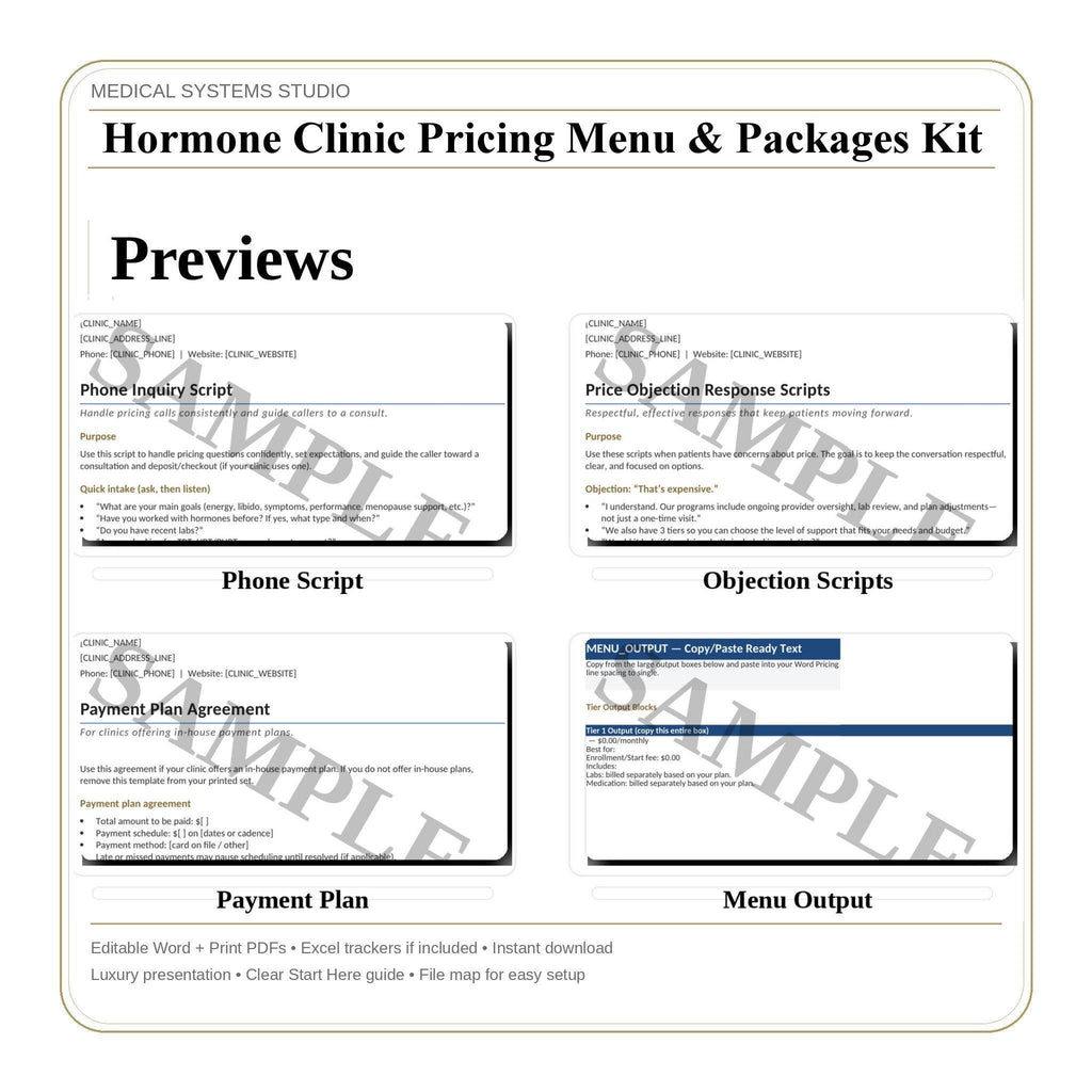 Hormone Clinic Pricing Menu & Packages Kit | TRT HRT BHRT Tier Builder (Digital Download)