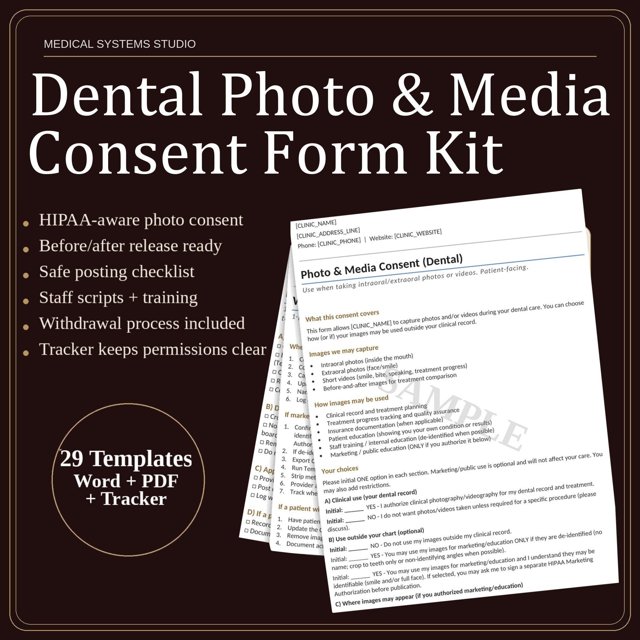 Dental Photo & Media Consent Form Kit | HIPAA, Consent Tracker, SOP (Digital Download)